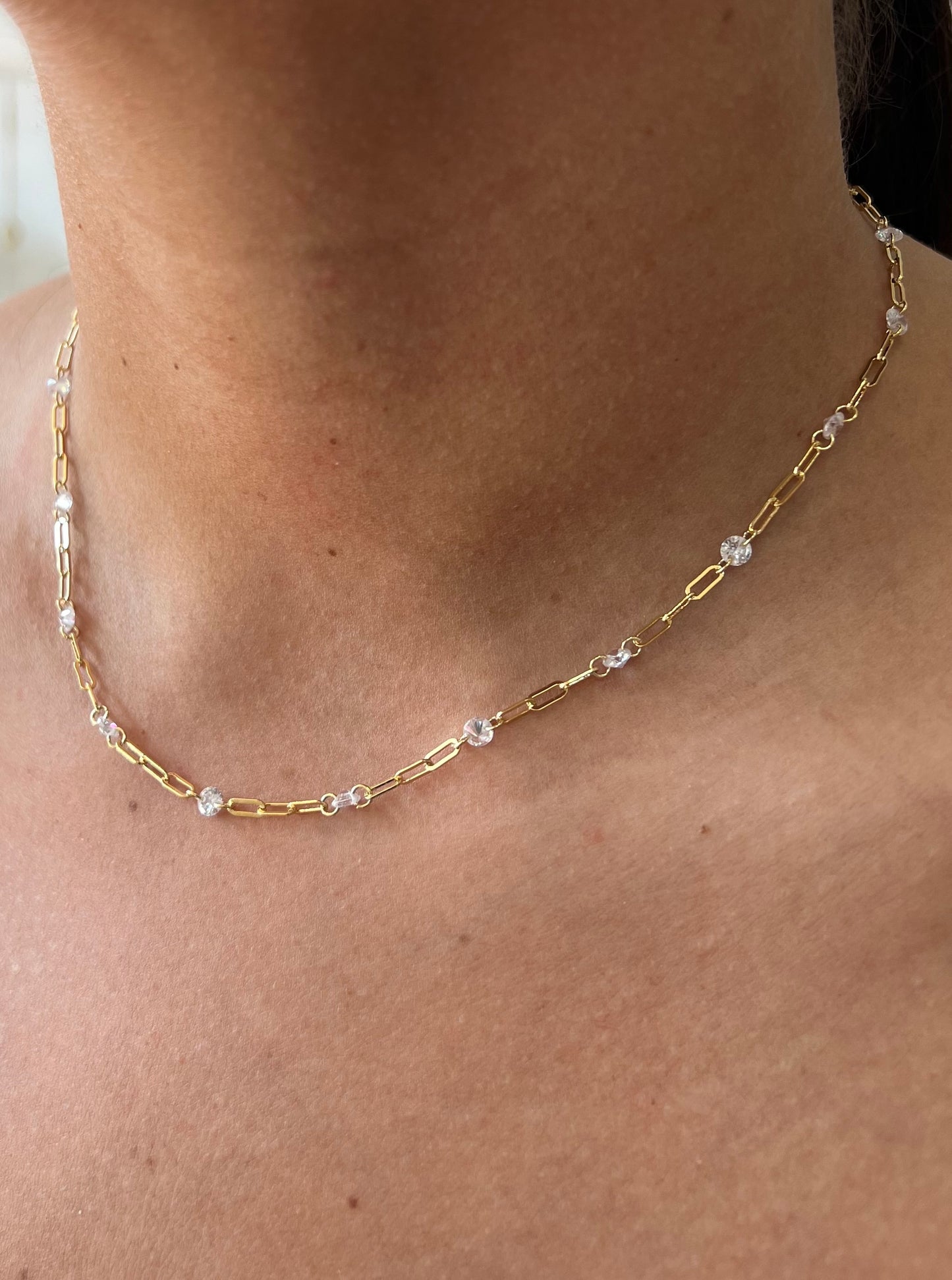 Gold Jeweled Paper Clip Chain Necklace